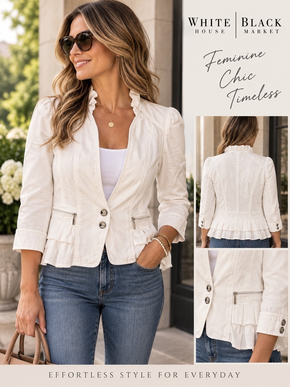 White House Black Market Size 6 White Ruffle Jacket Blazer 3/4 Sleeve Feminine